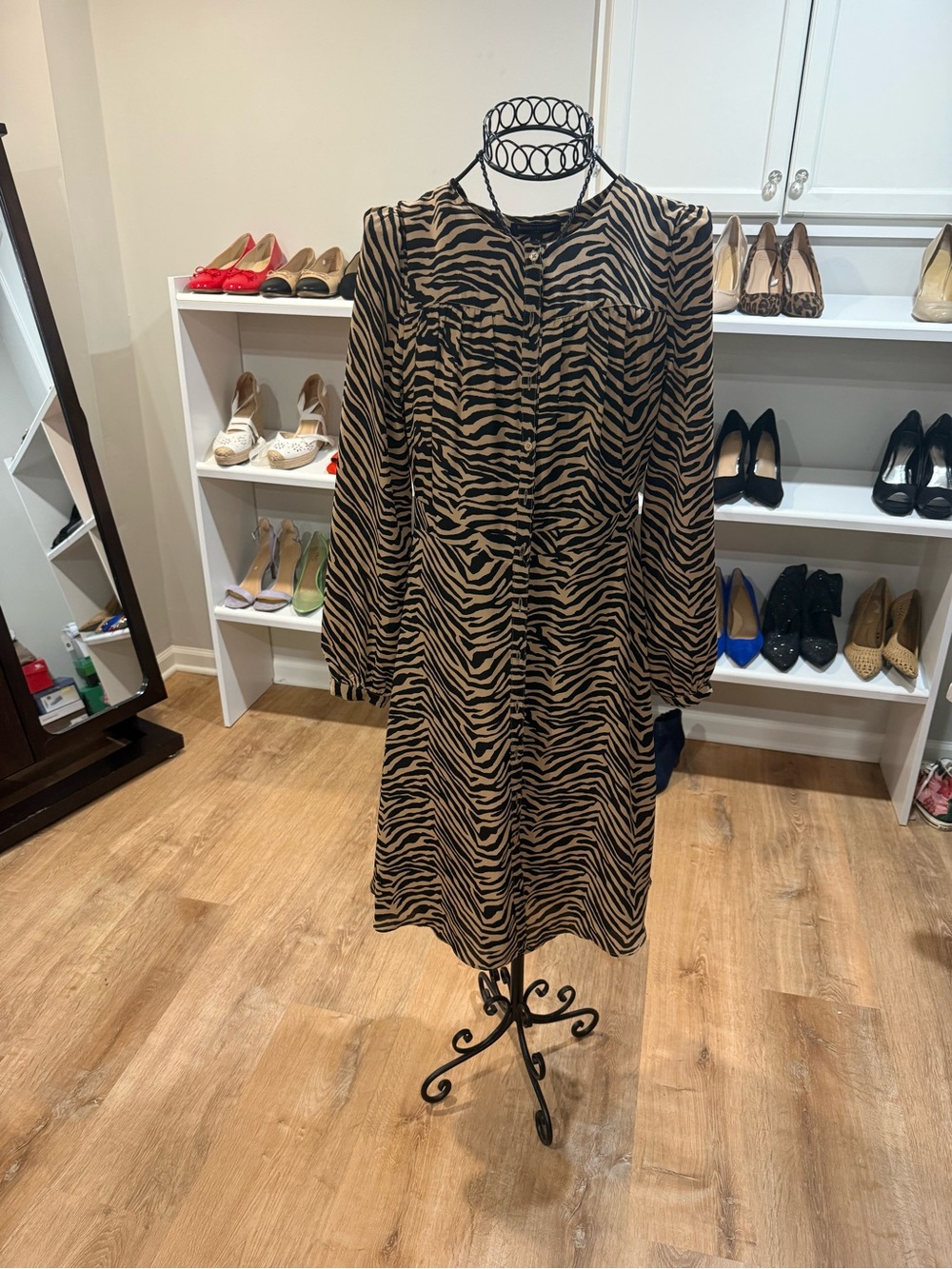 Banana Republic Black and Tan Zebra-Print Long Sleeve Dress